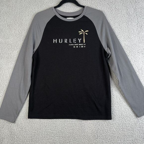 Hurley Thermal Shirt Mens S Black Gray Waffle Graphic Long Sleeve Spellout Surf - Picture 1 of 8